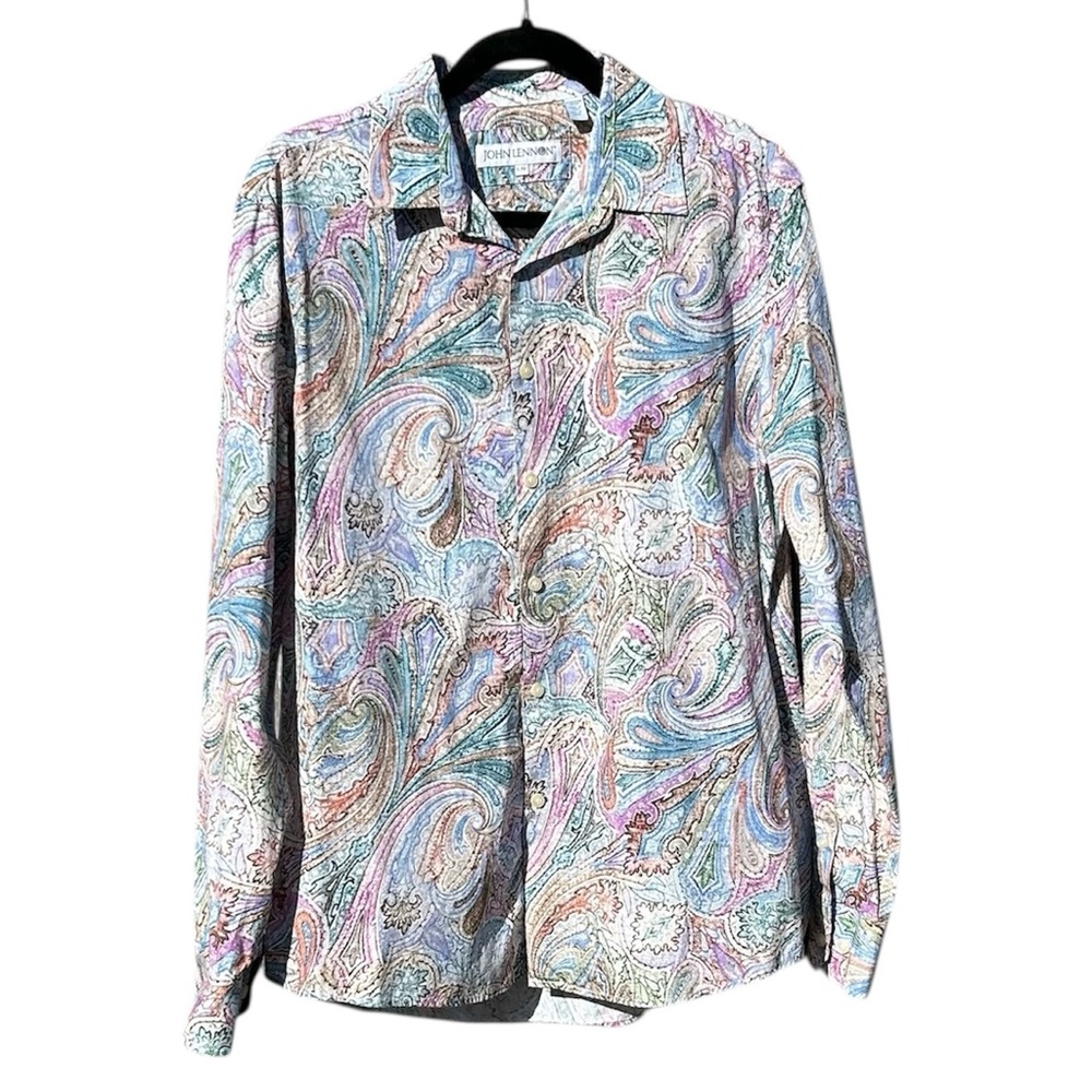 JOHN LENNON Men Sz L Cotton Watercolor Paisley Peace Button Up Long Sleeve Shirt